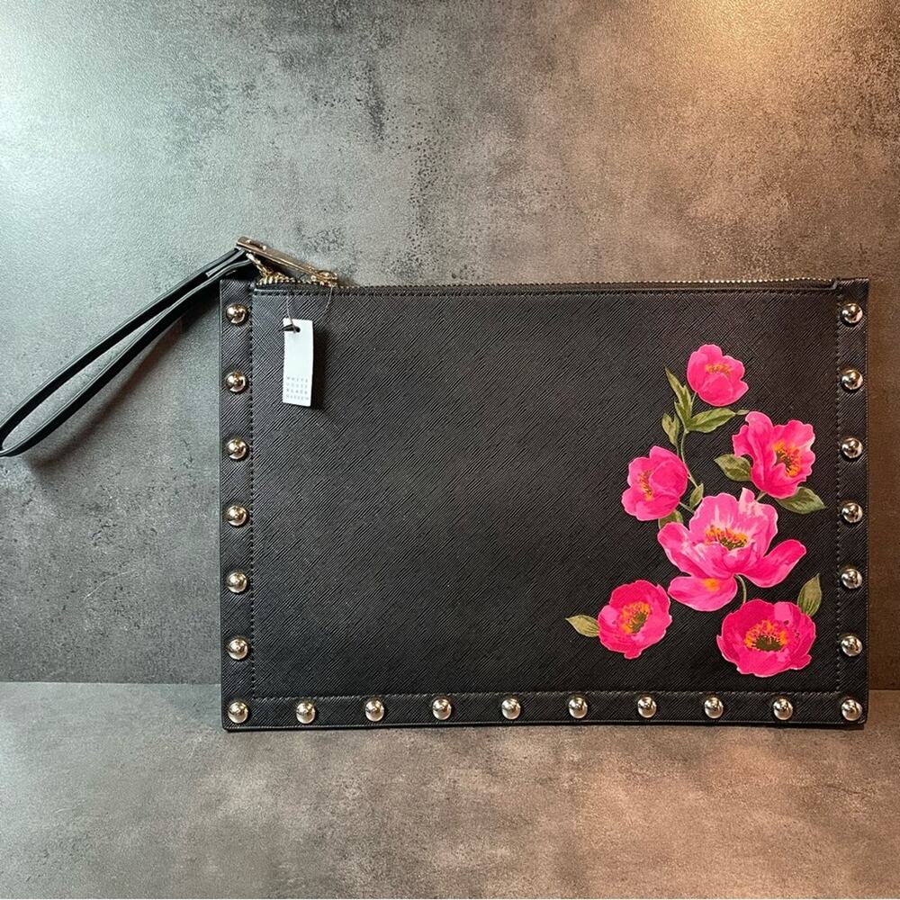 NWT White House Black Market Black Floral Studded Envelope Clutch Pink Roses